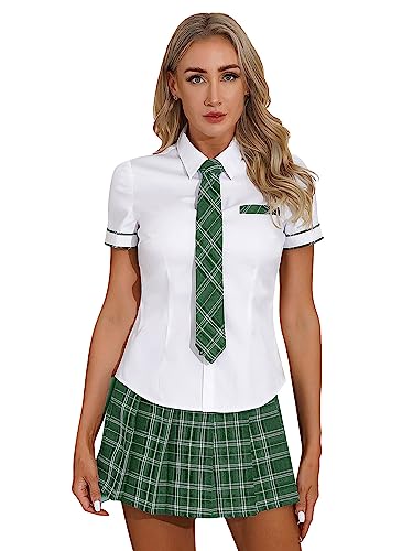 YiZYiF Déguisement Ecolière pour Femme Uniforme Scolaire Etudiant Tenue d'Ecolière Sexy Chemise et Mini Jupe Plissée et Cravate Costume Marin S-4XL Vert S