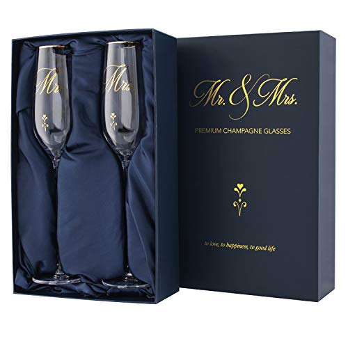 Bride And Groom Champagne Glasses (8 Oz), Gold Print Mr And Mrs Glasses For Wedding Glasses And Toasting Flutes, Bridal Shower Gifts, Engagement Gift, Comes With Gift Box And Note Card #TOP2
