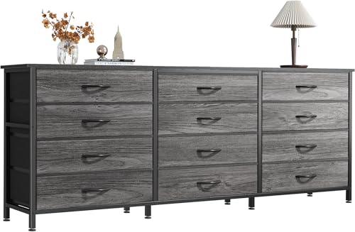 Image of Huuger 63 Inch Long Dresser for Bedroom, TV Stand for 65, 70 Inch TV, 12 Drawer Dresser for Closet, Large Fabric Drawers for Bedroom, Media Console with Storage, Grey