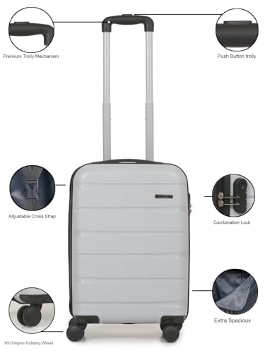 Image of TEAKWOOD LEATHERS Unisex Trolley Bag, Hard Side Cabin with Zipper Closure, Adjustable Push Button & Cross Strap, Lock System 360 Degree 8 Wheel Suitcase (S, Silver)