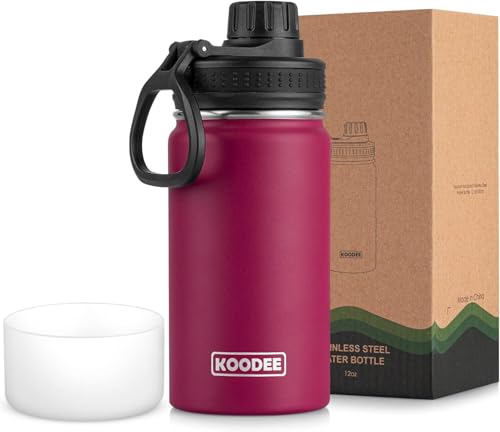 Image of koodee 12 oz Water Bottle -Stainless Steel Vacuum Insulated Wide Mouth Flask with Leakproof Spout Lid, Reusable Sports Metal Water Bottle BPA Free(Fuchsia Red)