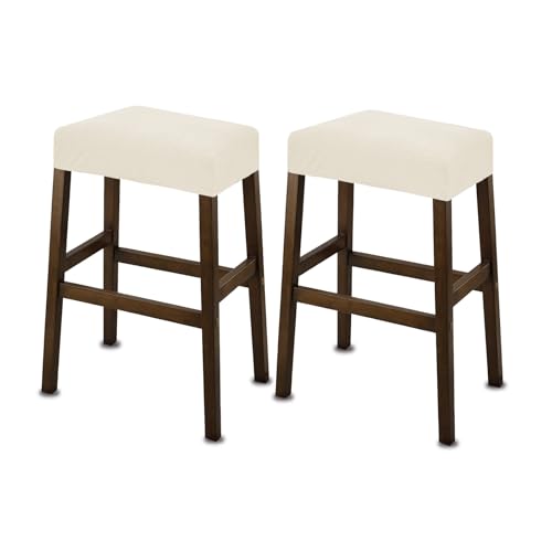 Image of NeColorLife Rectangle Bar Stool Covers Waterproof,Ivory,2 Pack | Stretch Saddle Seat Covers for Counter Height, Kitchen Island, and Vanity Bar Stools, Protecting Seats from Daily Wear