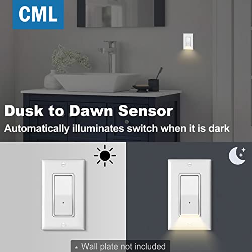 [10 Pack] Cml Illuminated Night Light Switch, Single Pole Decor Paddle Rocker Wall Switch, Dusk To Dawn Automatic On/Off Light Sensor, 15 Amp 120V Grounding Wire, White #TOP1