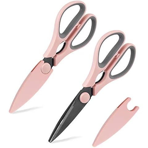 Country Kitchen Kitchen Scissors, Stainless Steel Kitchen Shears, Cooking Scissors for Cutting Meat, Chicken, Herbs and Produce with Blade Cover and Soft Grip Handles, Pink Cover