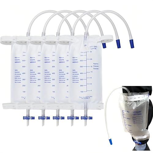5 Stück Urinbeutel Beinbeutel 750ml, Beinbeutel Urindrainagebeutel mit 2 verstellbaren Riemen, Urinsammelbeutel mit Ventil & T-Ablass, hygienisch & geruchsneutral Ideal