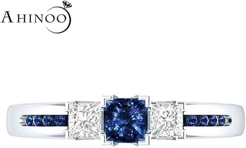 Miniatura 1 de AZQ Anillo de plata de ley 925 con zafiro rubí natural, cuadrado, corte perfecto, 3 piedras, arco iris, circonita cúbica, anillo de compromiso de