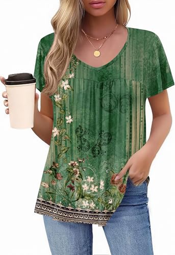 HOTOUCH Womens Short Sleeve Tunic Tops V Neck Loose Fit Ruffle Sleeve Shirts Summer Floral Dressy Casual Boho Blouses