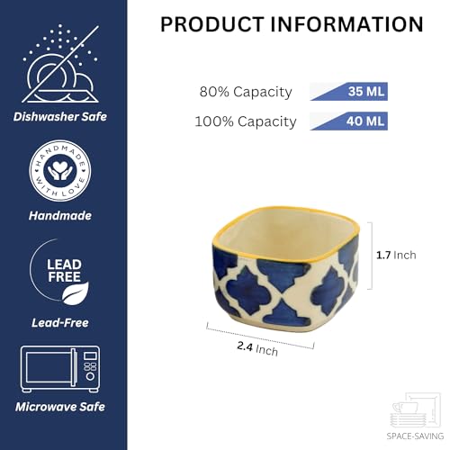 Image of Freakway Hand Painted White Ceramic Dip Bowls | Bowls Set of 2, 40Ml | Bowl for Serving Chutney Bowl /Pickle Bowl /Small (Moroccan Blue)