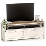 CHRISTOW Corner TV Unit with Storage & Oak-Effect Top, Modern Television Stand with 2 Drawers & Open Shelf, Space-Saving MDF Media Cabinet for Living Room, Matte Painted – Cream, H45 x W115 x D45cm