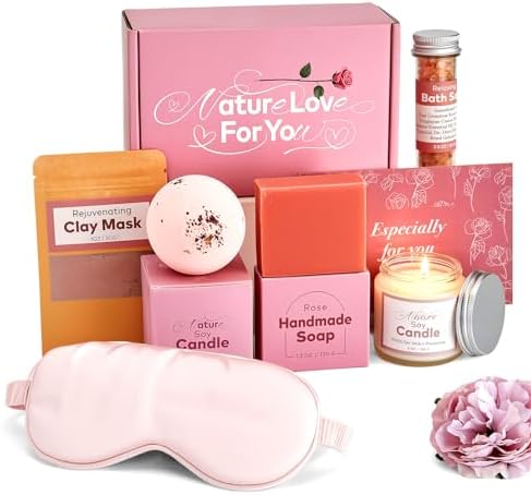 Handmade Spa Gift for Her, Body Bath Gift Kit for Mother's Day, Basket Handmade Skin Care Sets Home Spa Set Natural for Women,Relaxing Birthday Gifts Handmade Soap, Bath Bomb, Bath Salt