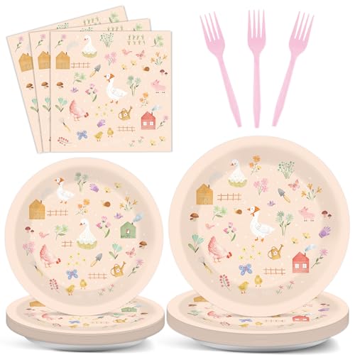 Yiaoyinnz 96Pcs Farm Barnyard Party Decorations Garden Tea Themed Tableware Farm Animals Flowers Plates Napkins Forks Summer Floral Dinnerware Supplies for Baby Shower Birthday Serves 24 Guests