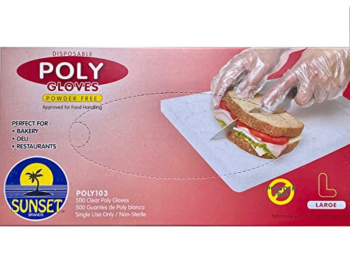 500 Large Size Disposable Poly Gloves, Powder Free, Smooth Touch, Food Service Grade, Polyethylene, Non-Sterile