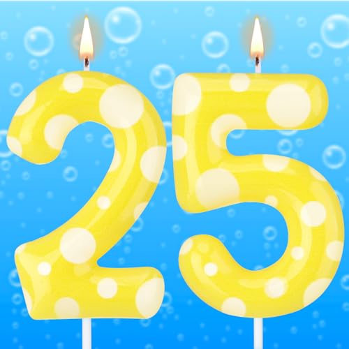 Conelist Sponge Birthday Number Candle Cute Yellow Themed Dot Print Candles Cartoon Numeral Birthday Cake Topper for Sponge Fans Party Decoration Supplies(Number 25)