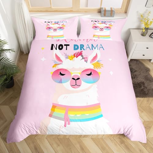 Girly Cute Llama Bedding Set for Girls Kids Lovely Cartoon Llama Alpaca Comforter Cover Pink Floral Flowers Duvet Cover Room Decor Colorful Rainbow Bedspread Cover Queen Size Bedding Collection 3Pcs