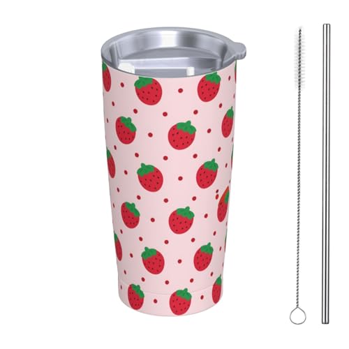 Dujiea Vaso de 20 onzas con tapa y popote, taza de café helado aislada al vacío de fresa roja, taza de viaje reutilizable, botella de agua de acero inoxidable
