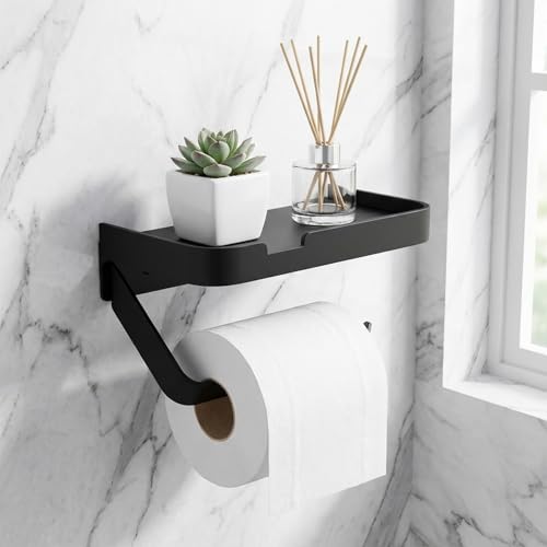Toilettenpapierhalter mit Ablage wandmontage ohne Bohren – klopapierhalter Aluminium schwarz modern – Stabiler papierrollenhalter Wand mit handyablage für Bad wc Badezimmer