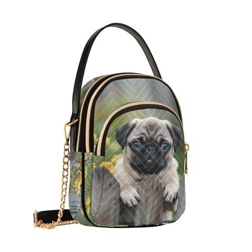 Sling Bag for Women Pug Garden Print, Fashion Crossbody Handbags Purse with Chain Strap Top handle 5.91×3.15×8.27 Inches2