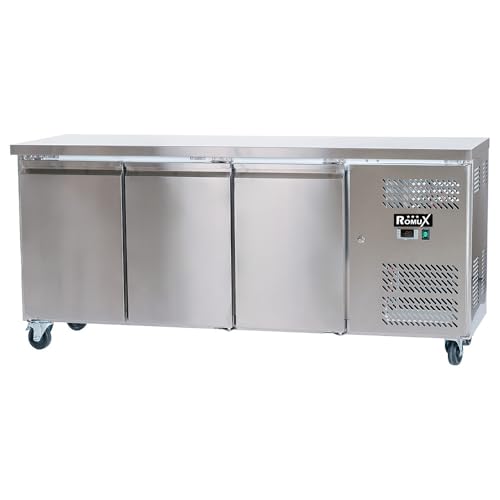 Romux® Mesa Fría de Congelación de 3 Puertas de 180x60 cm Refrigeración Ventilada | Bajo Mostrador Congelador de Acero Inoxidable de 339 L y 750 W | Arcón Congelador
