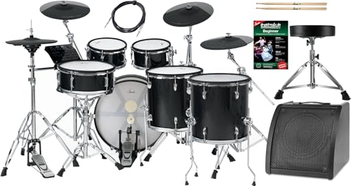 XDrum DD-670 PLUS Mesh E-Drum Kit Live Set - elektronisches Schlagzeug mit HiHat und Holzkesseln - 20" Kick-Pad - 720 Sounds - inklusive Hardware, Hocker, Monitor, Kabel und Sticks - Black Sparkle