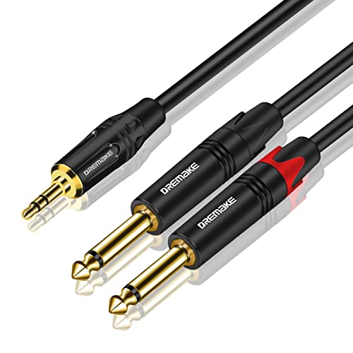 DREMAKE 3.5mm 1/8'' TRS to Dual 6.35mm 1/4'' TS Mono Cable 3FT, TRS 1/8'' Male to Dual 1/4'' TS Male Stereo Audio Y Splitter Cord, 3.5mm to 2 x 6.35mm Breakout Cable Adapter for Home Stereo System