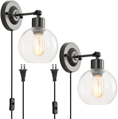 Black Glass Plug in Wall Sconces Set of 2, Glass Globe Wall Light...