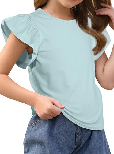 Image of Girls' Summer Shirts Cute Tops Ruffle Sleeve Crew Neck Casual Tees Green 6-7Y