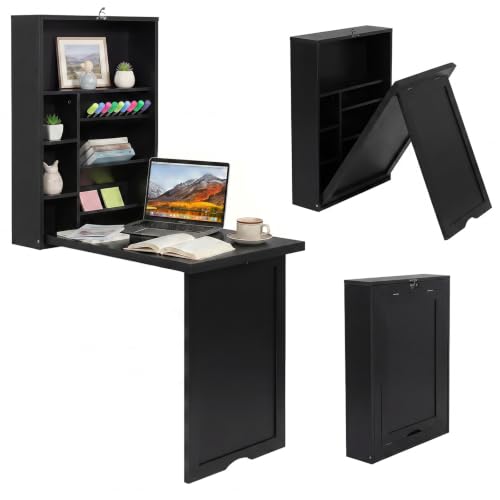 Tangkula Folding Wall Mounted Desk Convertible Fold Out Floating Table with Storage Shelves Space-Saving Drop Leaf Table Murphy Desk for Craft Study Small Spaces Home Office Dorm Black product thumbnail 9