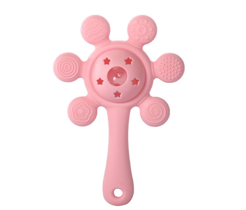 Teniyu Teddy Shape Rattle Teether Toy for Babies, Multi-Textured Soft Silicone Design Suitable for Molar Teeth and Gums, Baby Chewing Toys for Teething Gums [Pack of 1] (Pink)