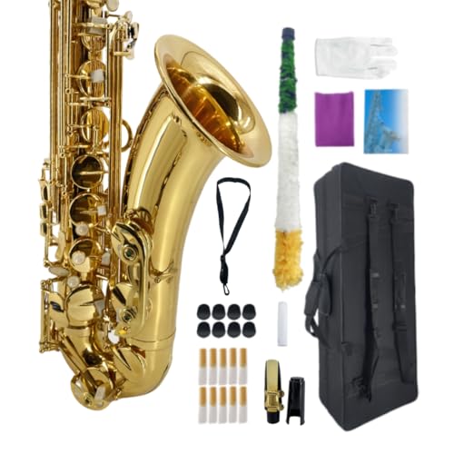 WUQIMUSC Tenor Saxophone Complete Kit w/Case, Mouthpiece, 10pc Reeds, Professional B Flat Tenor sax, Gold Brass Lacquer, Rich, Warm Tone for Jazz & Classical, Ideal for Students to Pros（Golden）
