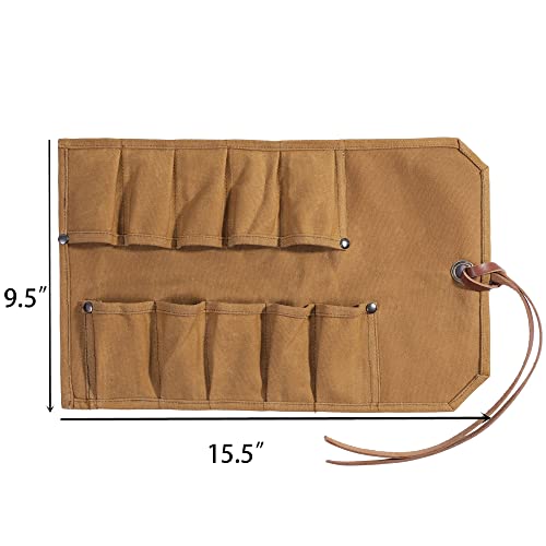 Tool Roll, Heavy Duty Waxed Canvas Small Tool Bag Tool Pouch for Chisels Hammers, Gouges Palm Tools (Khaki) - Image 2