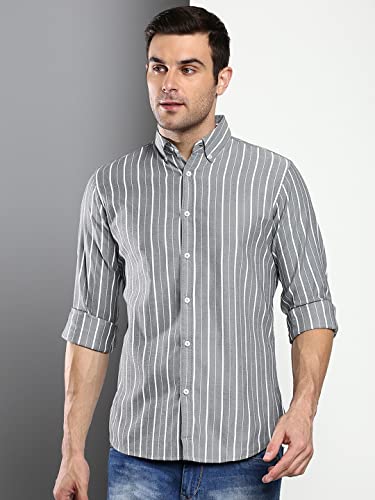 Image of Dennis Lingo Men's Striped Slim Fit Oxford Cotton Casual Shirt with Button Down Collar & Full Sleeves