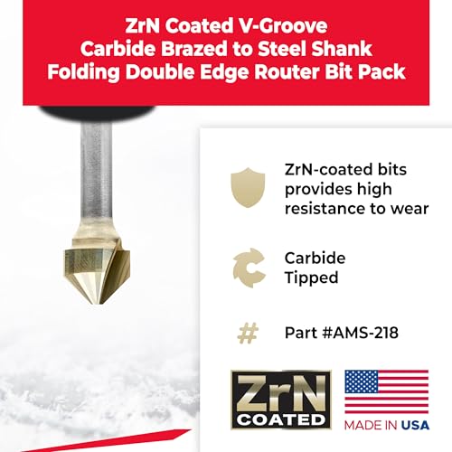 Image of Amana Tool AMS-218 3-Pc Carbide V-Groove 90 108 and 135 Deg. Folding Double Edge for Composite Material (TCM CCM ACM) Panels 1 /4 Inch SHK ZrN Coated Router Bit Pack