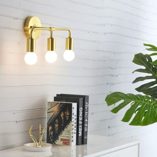 OVERSEAS MART Antique Brass 3-Light Golden Wall Sconce Light - -Minimalist Bathroom Vanity Hallway Lighting - Industrial Exposed Bulb Wall Lamp Fixture-AC
