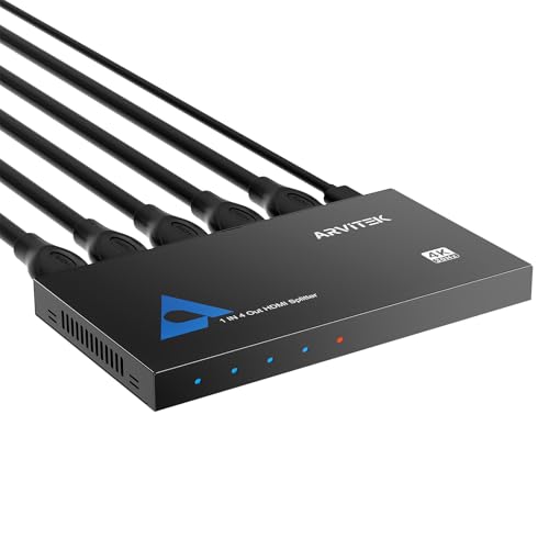 Arvitek 4K Metal HDMI Splitter 1 in 4 Out 14 Powered HDMI Video TV Splitter for Xbox PS4/5 PC Laptop 4Kx2K@30Hz 3D Full HD Mirror Monitor Only (Not a Switch)