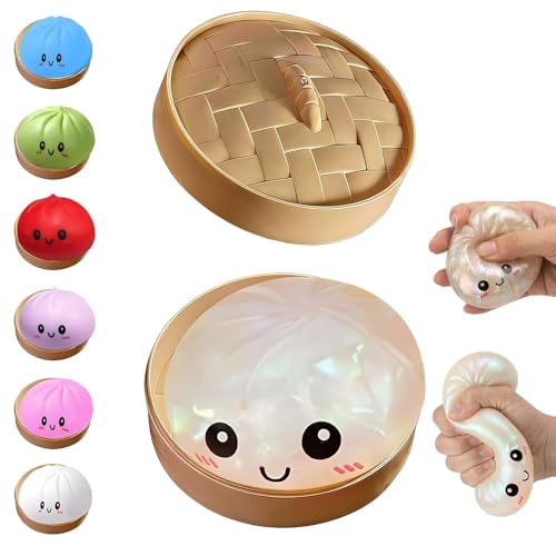 Dumpling Squishies Toy, Giant Glitter Dumpling, Colorful Steamed Bun Stress Balls Fidget Sensory Toy,Squeeze Dough Ball Stress Relief Hand Toys with Food Steamer Stretchy Desk Toys (Transparent)