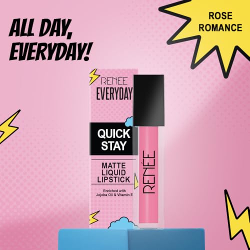 Image of RENEE Everyday Quick Stay Liquid Lipstick - Rosie Romance, Matte Long Wear Lip Colour for Women, Lightweight Hydrating Non Drying Formula with Jojoba Oil and Vitamin E, Rich Colour Payoff, 1 ml
