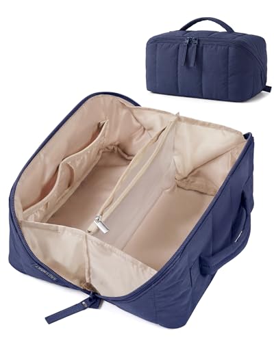 Image of BAGSMART Puffy Travel Makeup Bag Toiletry Bag for Women, Navy Blue | Open Flat, Portable, Make Up Organizer, Water-resistant, Puffy Padded, For Toiletries, Brushes