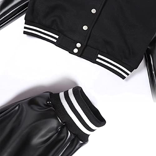 Womens Varsity Jacket Cropped Letterman Baseball Bomber Jacket Vintage Y2K Streetwear Coat A Black #TOP5