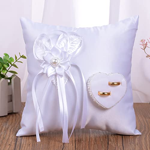 Elegantes Ringkissen Hochzeit mit Satinband, synthetischen Perlen, Blumenmuster und Schleife, 20 x 20 cm Hochzeitsblumen-Ringkissen Elfenbeinfarbe Ehering Pad für Ringträger (Stickerei ringkissen) Cover