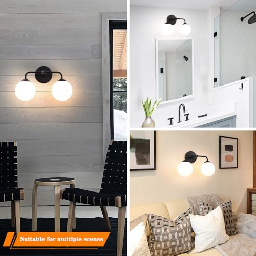 Image of Industrial Matte Black 2-Lights Bathroom Light Fixtures, Vanity Wall Sconce Lighting with Milky White Glass Shade, Modern Bathroom Vanity Lighting, Wall Sconces over Mirror Dressing Table Bedroom
