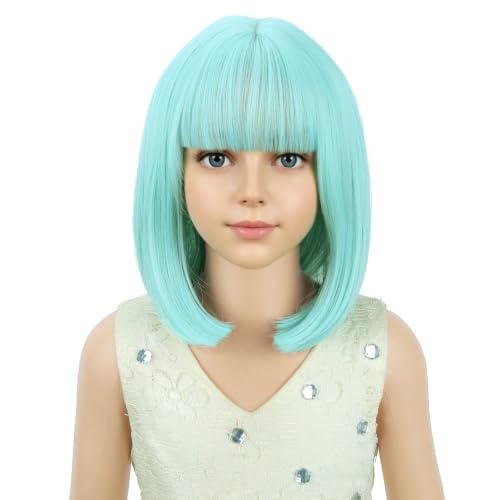PATTNIUM Mint Green Bob Wig for Kids Girls Short Light Green Straight Wig with Bangs Cosplay Party Synthetic Rose Net Daily Wear Wig