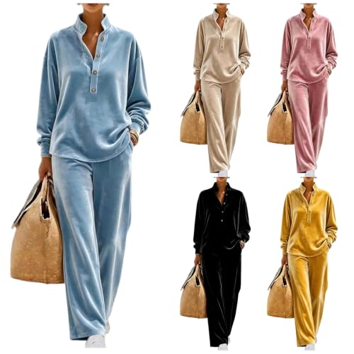 Velvet 2 Piece Sets for Women Velour Lounge Sets Fall Matching Outfits | Womens 2 Piece Velvet Set, Stand Collar Half Button Sweatshirt, Wide Leg Pants, Matching Lounge Set, Fall Velour Tracksuit
