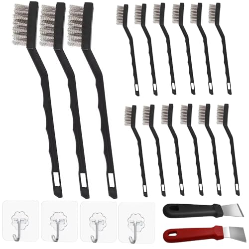 15PCS Mini Wire Brush Stainless Steel Brush Set,Masonry Brush Wire Bristle for Cleaning Welding Slag and Rust,Curved Handle Brush,Kitchen Cleaning