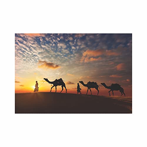 Rajasthan Camels Silhouettes in Dunes of Thar Desert On Sunset Poster for Home Decor Travel & Tourism | Wall Decor Pack 1 Pcs Size 13 Inch X 19 Inch*