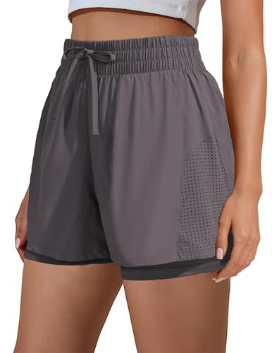 PINSPARK Damen Sporthose Kurz Sportshorts 2 in 1 Sport Shorts mit Taschen High Waist Laufhose Schnelltrocknende Trainingshose Running Hose Fitness Yoga Jogging Dunkelgrau S