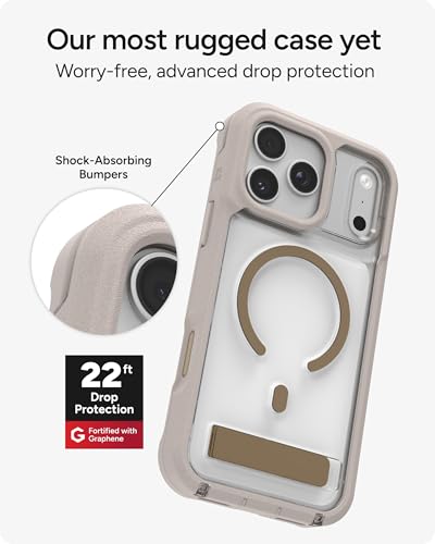 Image of ZAGG Rainier Case with Kickstand for iPhone 17 Pro Max - Gray Sandstone, Graphene 22ft (7m) Drop Protection, Lanyard Attach Points, MagSafe, Wireless Charging Compatible, 2-Piece Design, Phone Case