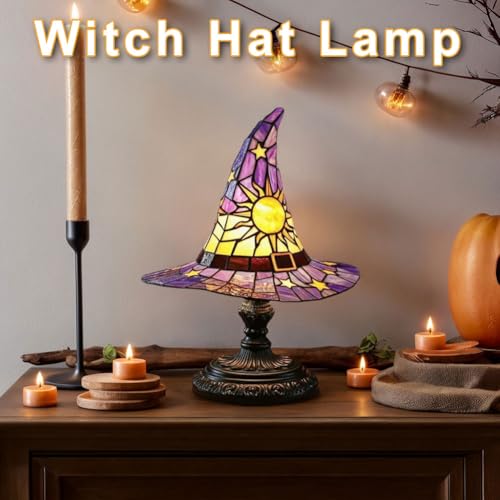 Image of Witch Hat Lamps, Handcrafted Stained Glass Resin Wizard Hat Light Gothic Table Lamp for Halloween Decor, Spooky Night Light for Bedroom and Indoor Parties, Unique Wiccan Gift