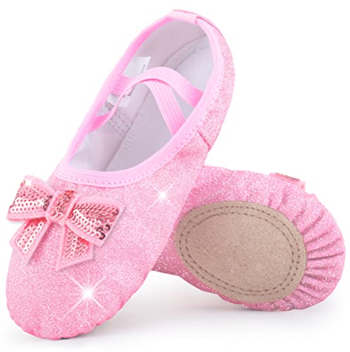 Mulnall Ballet Shoes for Girls Pink Glitter Bows Dance,Full Sole Non-Slip Toddler/Kid(WX55-08-26)