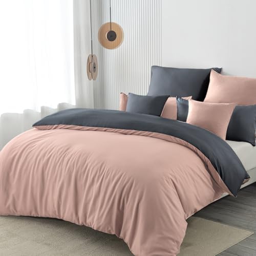 Nesture Bettwäsche 155x220 2teilig Mikrofaser, Rosa/Anthrazit | 1x Bettbezug 155x220 + 1x Kissenbezug 80x80cm mit Reißverschluss, Bettwäsche-Sets Wendebettwäsche, weich & bügelfrei