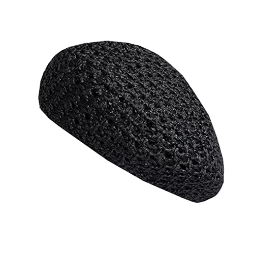Gllutt Summer Knitted Straw Thin Beret Hat For Women Breathable French Style Size Adjustable Solid Color (Straw Black) #TOP12